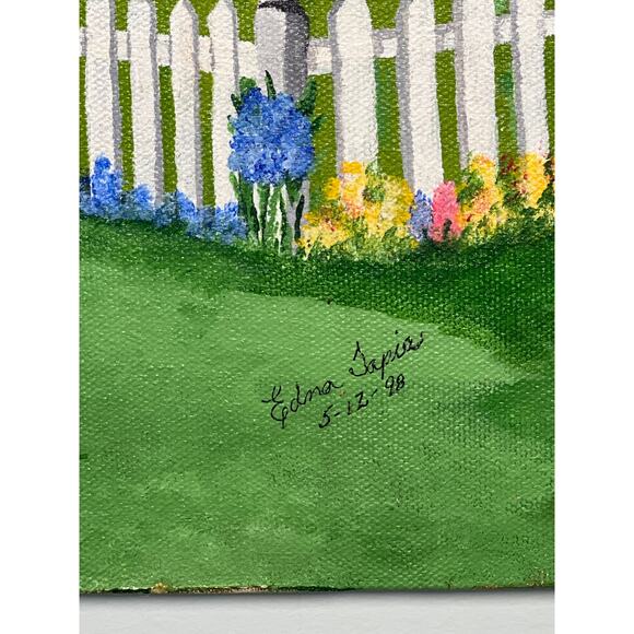 Vintage Painting Outhouse Garden Picket Fence 16x20 Signed Cottagecore Farmhouse - Picture 4 of 5